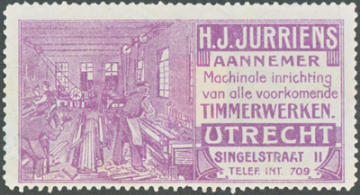 710912 Sluitzegel van H.J. Jurriëns, Aannemer, Machinale inrichting voor alle voorkomende timmerwerken, Singelstraat 11 ...